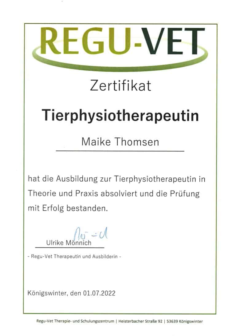 Zertifikat Tierphysiotherapeutin