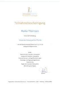 Zertifikat zur Weiterbildung zur viszeralen Osteopathie beim Pferd